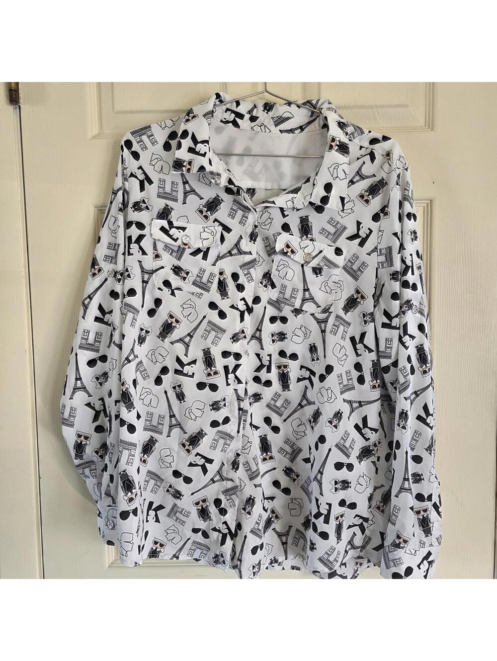 Karl Lagerfeld White Blouse with Black and Gray Parisian Print